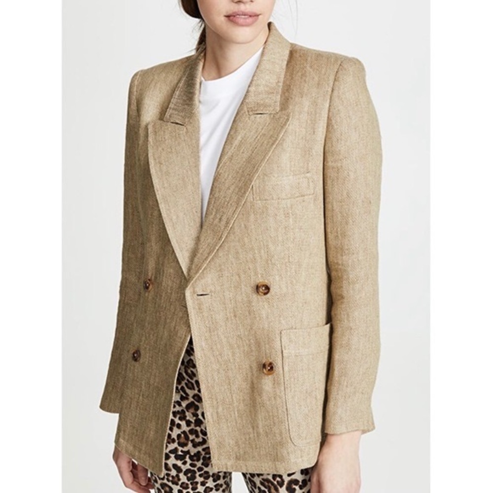 SMYTHE Unstructured Linen Double Breasted Blazer in Tan